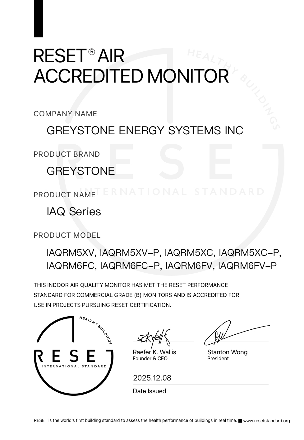RESET_certificate_Greystone_Indoor Air Quality Series